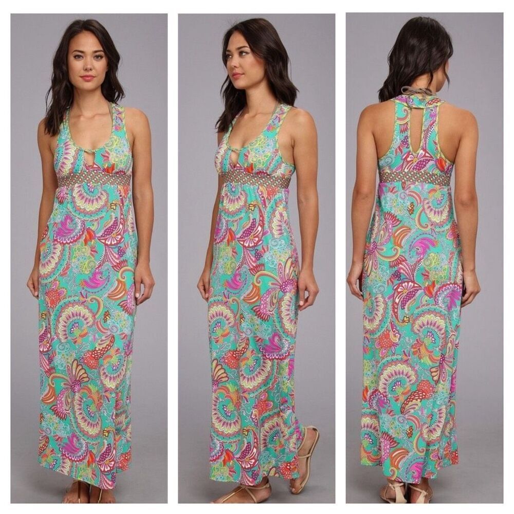 Trina Turk Folkloric Festival Maxi Dress‎ Swim Cover Size XS turquoise paisley